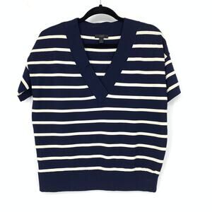 J.Crew Short Sleeve Sweater Womens Size Small V-Neck Navy Blue White Striped